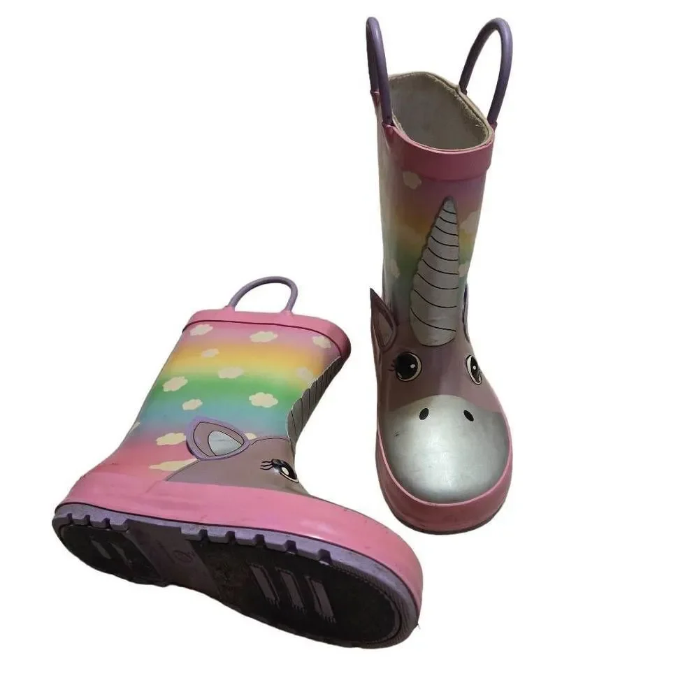 Unicorn Kids Rubber Rain Boots Size 9/10 Childrens Slip on Pink handled